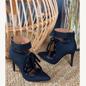 Black velvet pointed toe lace up heeled booties